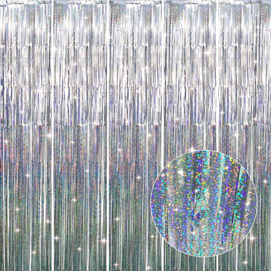 GOER 3.2 ft x 8.2 ft Metallic Tinsel Foil Fringe Curtains Party Photo Backdrop Party Streamers for Birthday,Graduation,New Year Eve Decorations Wedding Decor (5 Packs,Shiny Silver)
