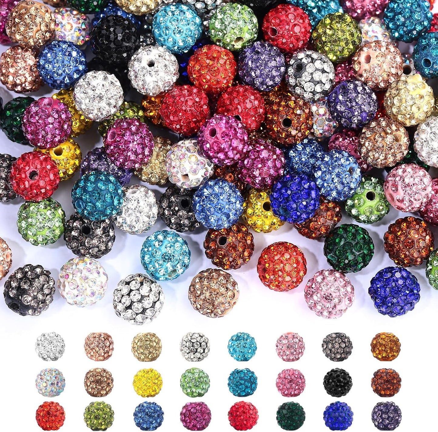 240pcs 24 Colors Rhinestone Beads for Crafts, Sparkle Round Crystal Disco Ball Clay Rhinestone Beads for DIY Jewelry Making Bracelet, Necklace, Earring and Christmas Decoration (10mm)