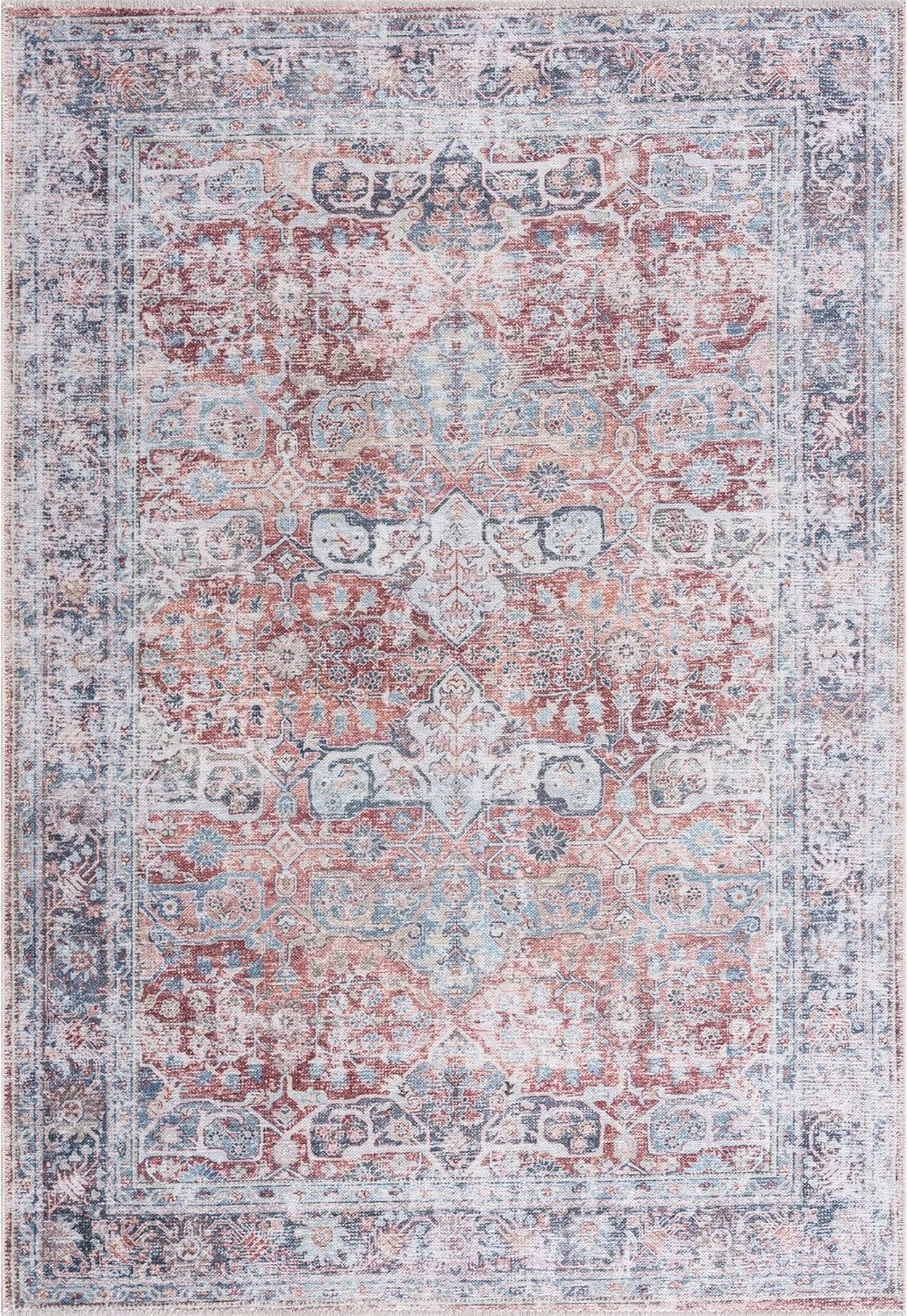 Bloom Rugs Caria Washable Non-Slip 4x6 Rug - Brick/Dark Blue Traditional Area Rug for Living Room, Bedroom, Dining Room, and Kitchen - Exact Size: 4' x 6'