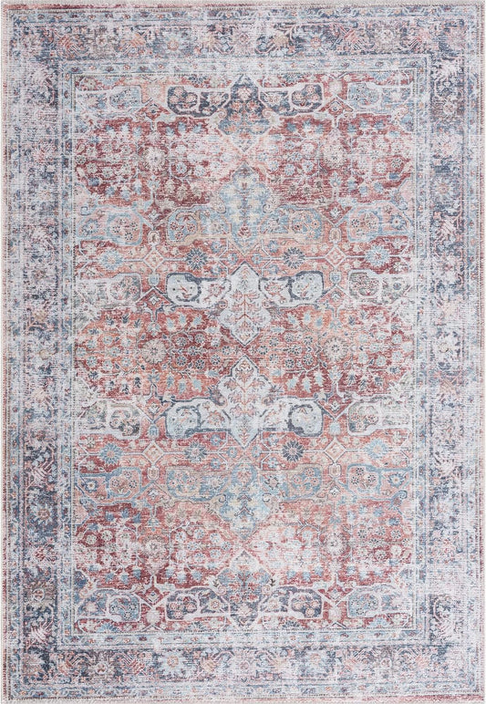 Bloom Rugs Caria Washable Non-Slip 6x9 Rug - Brick/Dark Blue Traditional Area Rug for Living Room, Bedroom, Dining Room, and Kitchen - Exact Size: 6' x 9'