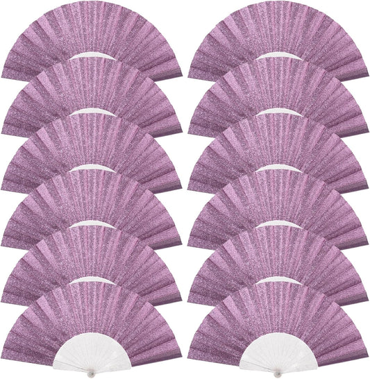 12 Pack Handheld Fan,Folding Hand Glitter Fan with Shining Transparent Fan Rib – Ideal for Wedding, Church, Festival, Dance, Tea Party, Club, and EDM Accessories, Purple