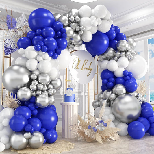 412Pcs Blue White Silver Balloon Arch Kit,18 12 10 5 Inch Different Size Royal Blue and White Balloons for Graduation Birthday Wedding Party Decorations