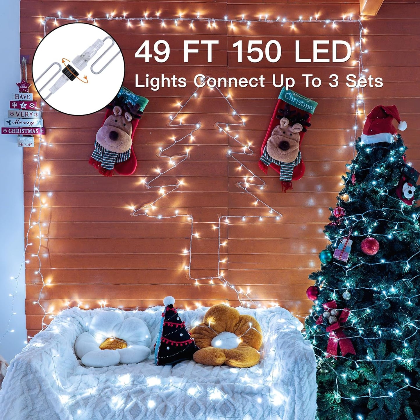 Christmas Decorations Connectable White String Lights Indoor, 150 LED Super Bright String Lights, 8 Modes Christmas Lights Plug in Twinkle Fairy Lights for Classroom Decorations
