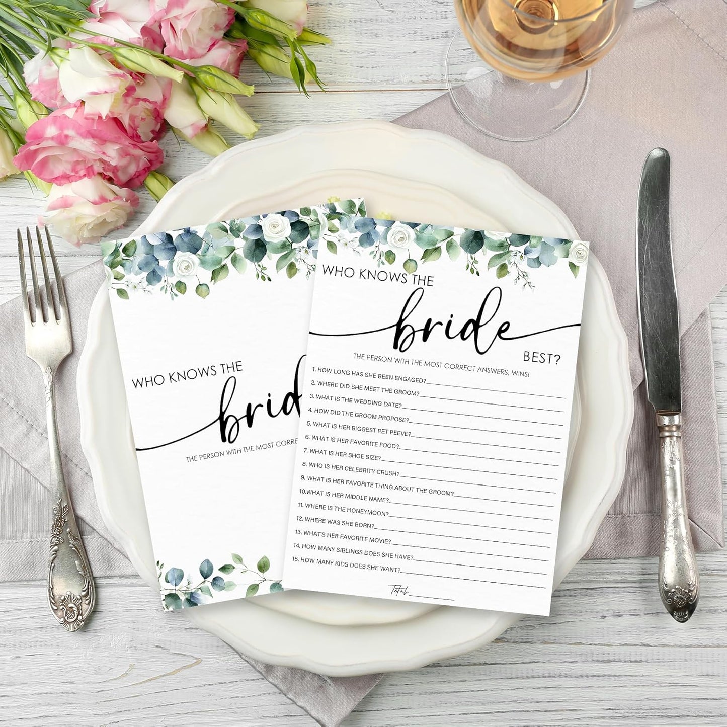 Who Knows The Bride Best - Botanical Bridal Shower Game Cards - 50 Pcs Eucalyptus Leaves Game Cards - Funny Wedding Party Games for Bride & Groom - Activities for Bachelorette Party - A01