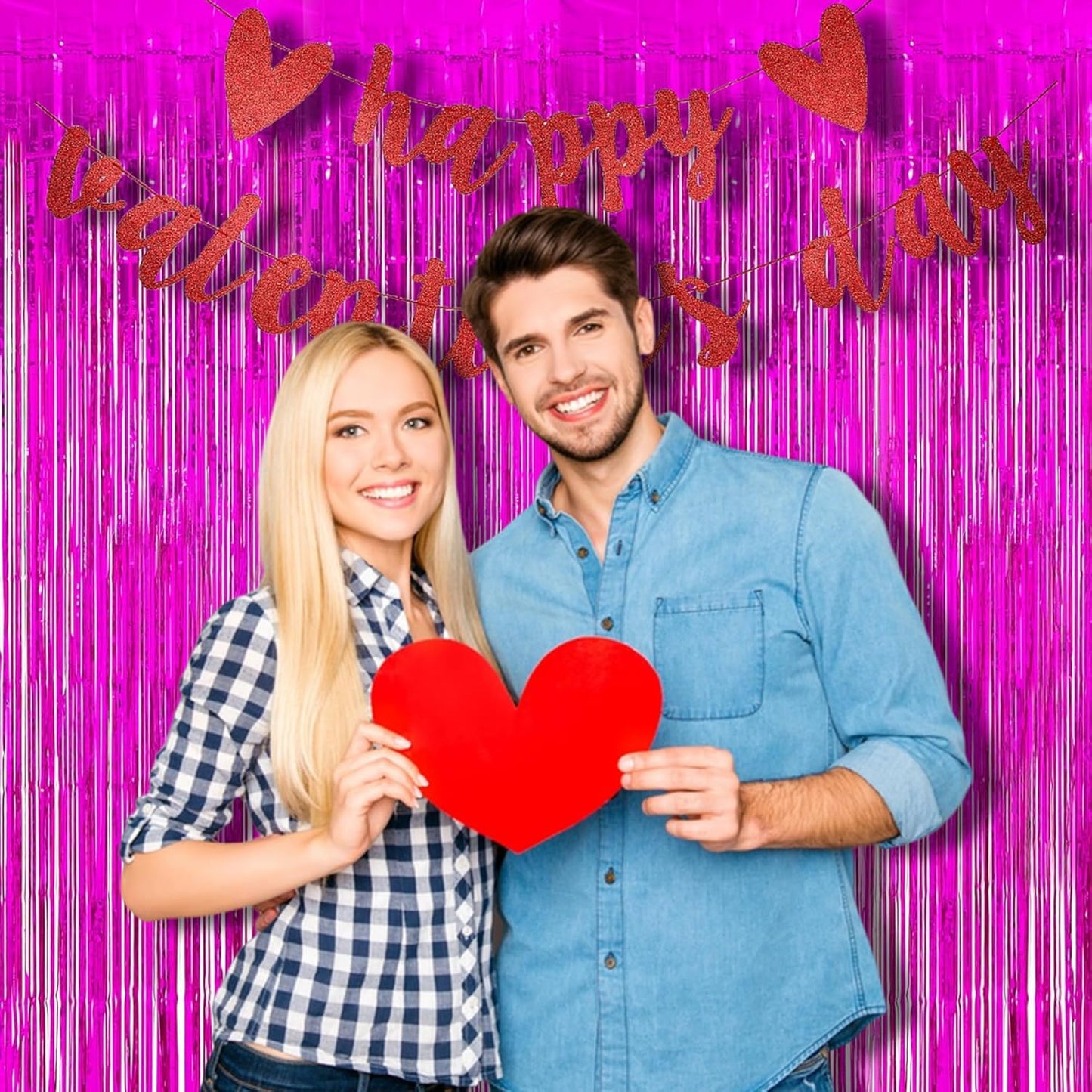 Foil Fringe Curtain Party Decorations - Hot Pink Photo Backdrop Tinsel Steamers Curtains for Tropical Hawaiian Theme Birthdays Christmas Valentine Bachelorette Parties