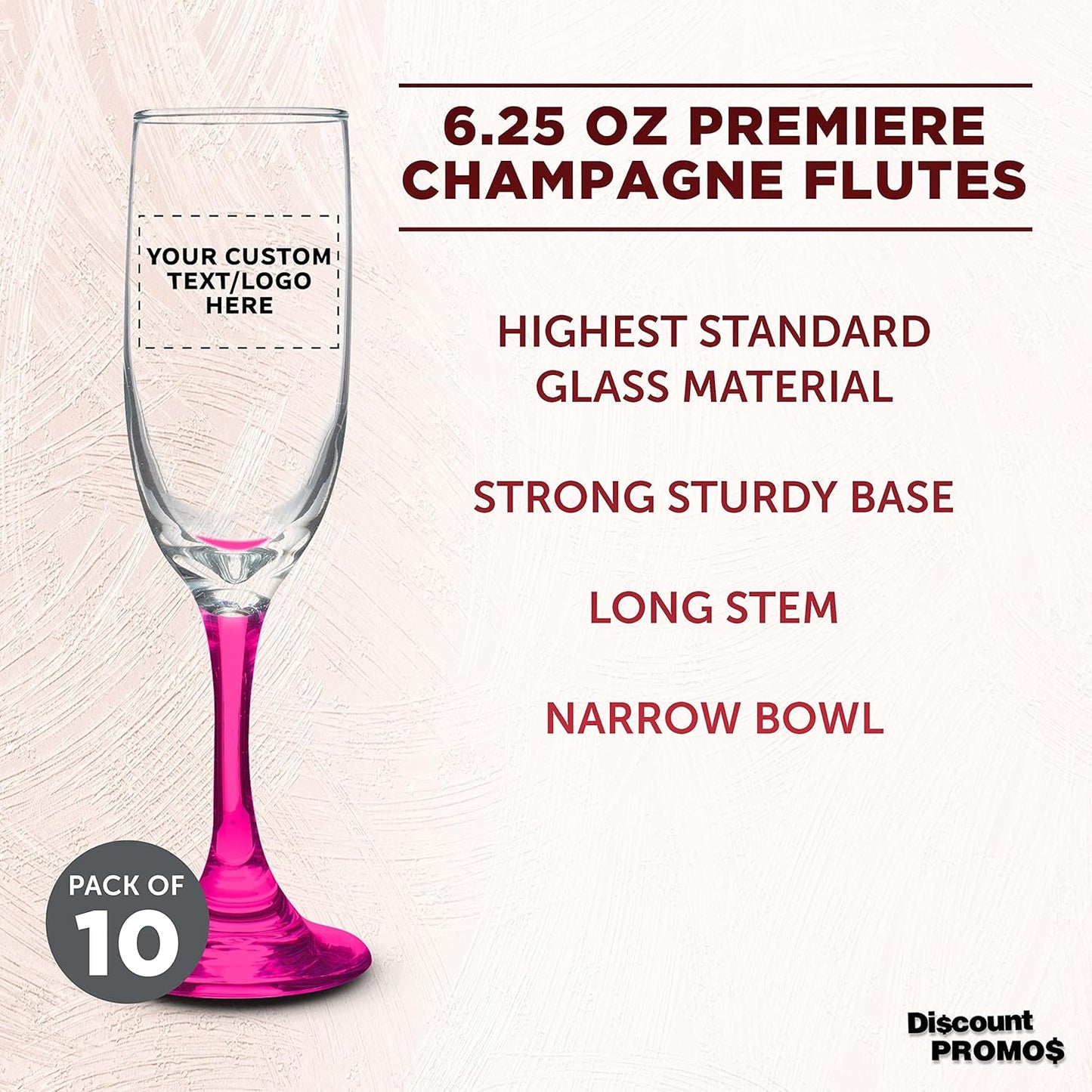 DISCOUNT PROMOS Custom Premiere Champagne Flutes 6.25 oz. Set of 10, Personalized Bulk Pack - Elegant Drinkware for Weddings, Events, & Promotional Gifts - Pink