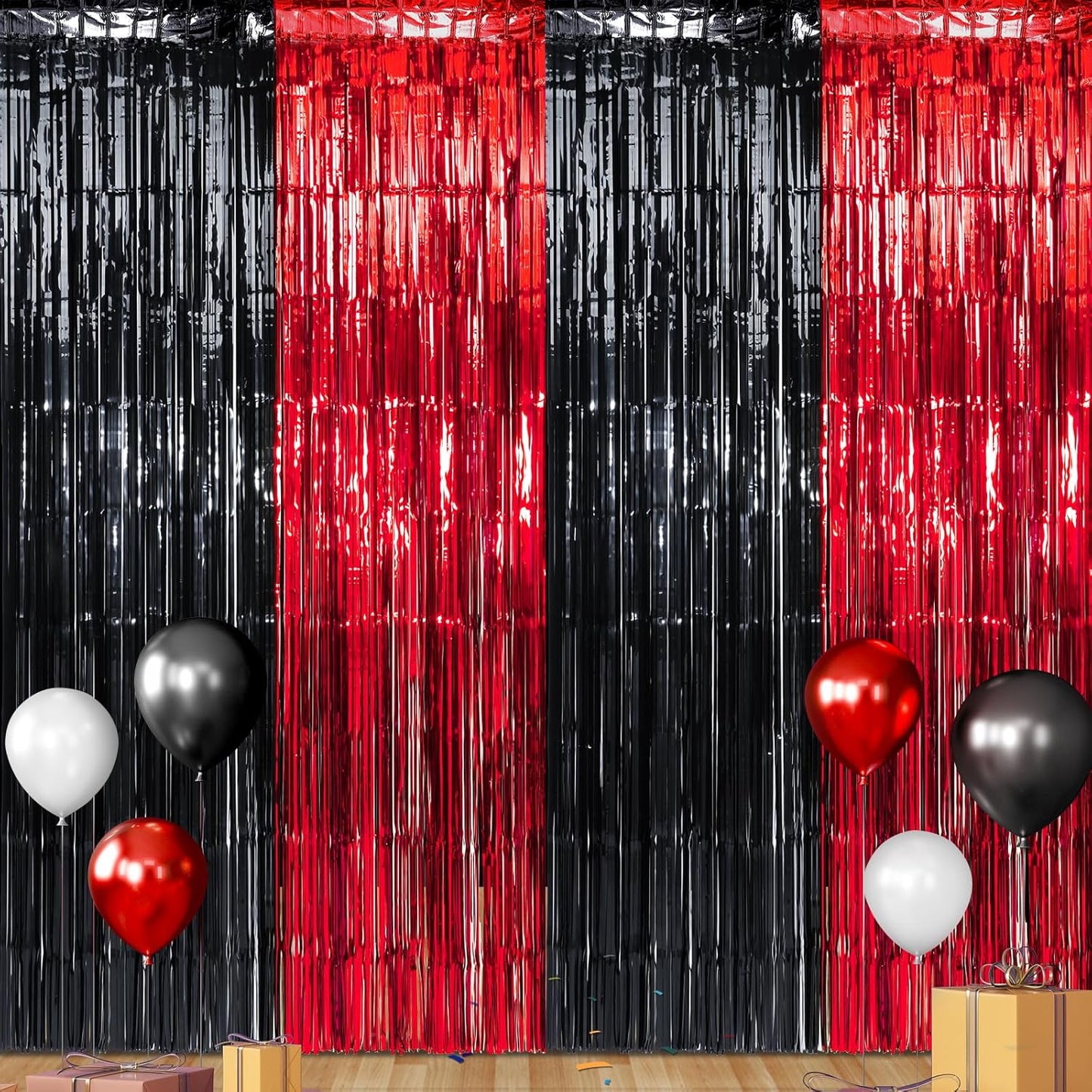 3 Pack 3.3Ft x 6.6Ft Graduation Foil Fringe Curtain Backdrop Decorations, Red Black Metallic Tinsel Foil Streamers Curtain Photo Booth Background for Graduation Prom Wedding Birthday Party Decorations