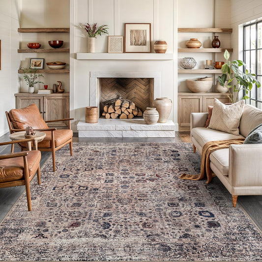 Bloom Rugs Washable Non-Slip 8' x 10' Rug - Light Tan/Blue Traditional Oriental Area Rug for Living Room, Bedroom, Dining Room, and Kitchen - Exact Size: 8' x 10'