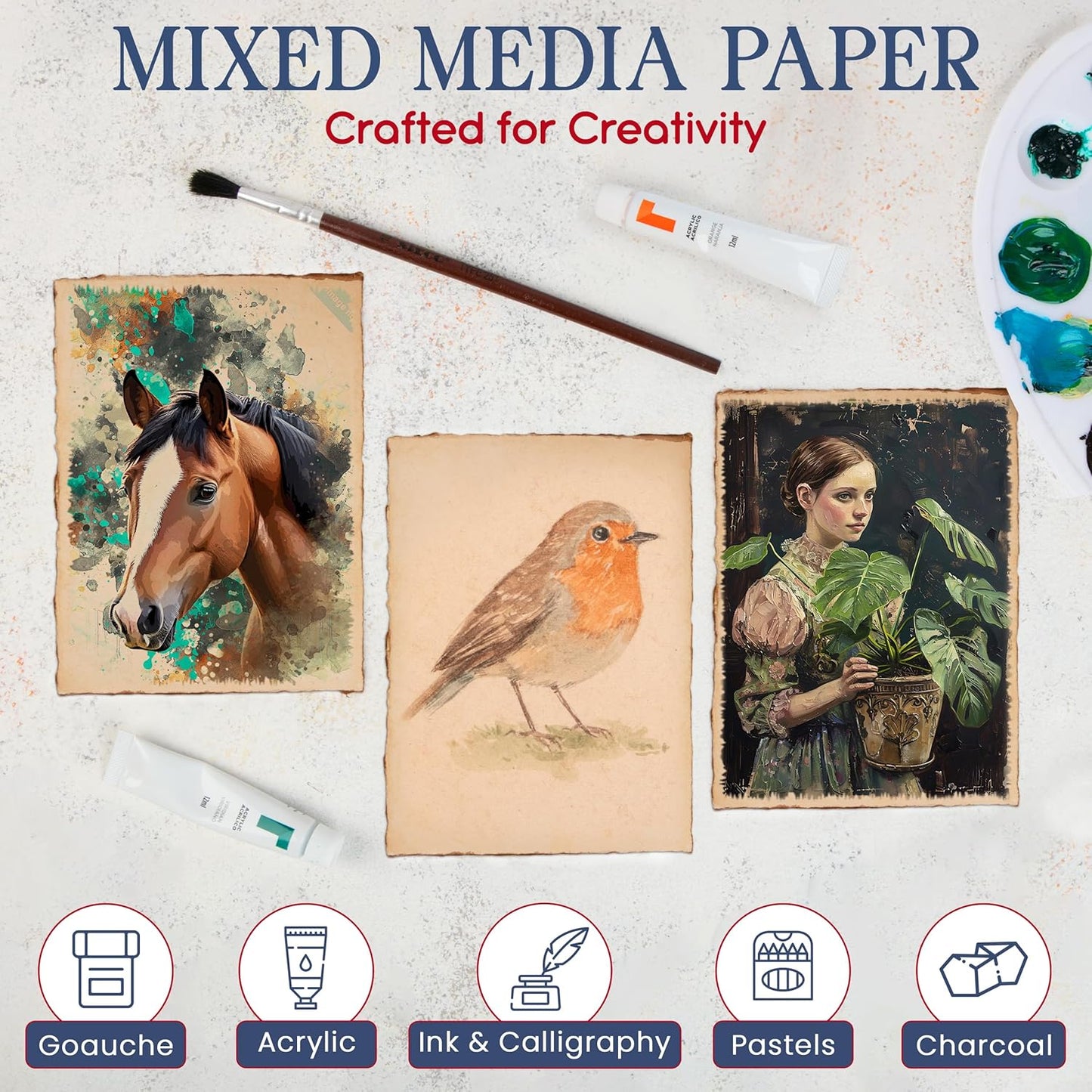 Wanderings Handmade Deckled Edge Vintage Paper - 10"x12" - Thick 300 GSM - Pack of 25 - Watercolor, Mixed Media for Artists, Writers, Bookmaking, Arts & Crafts - 100% Recycled Cotton