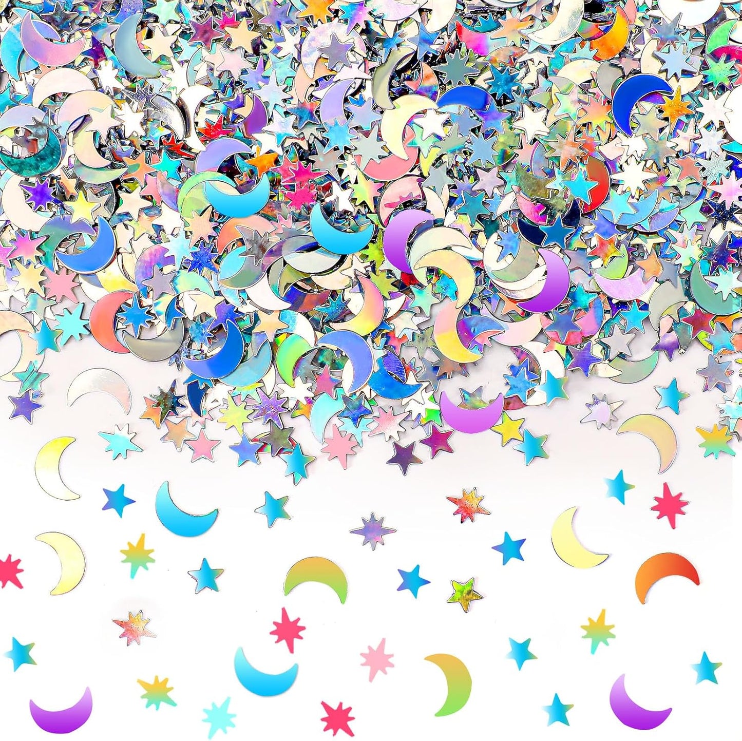 MARFOREVER Holographic Star Moon Confetti, Glitter Birthday Star Scatter Table Confetti Iridescent Sequins Sprinkles Metallic Foil Moon Stars for DIY Wedding Festival Party Decorations(10 mm, Silver)