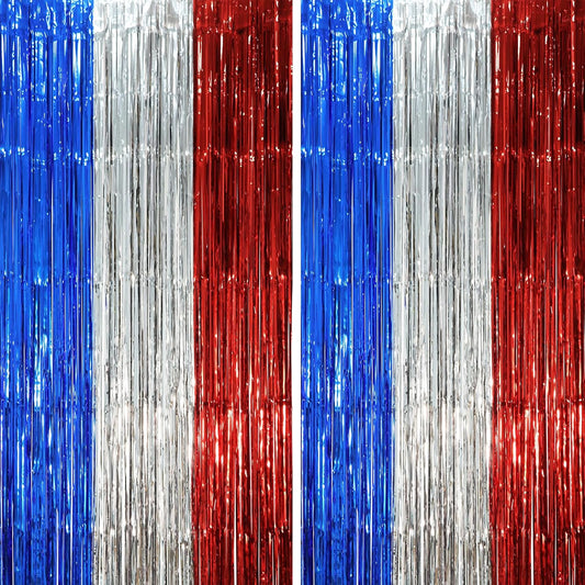2 Pack Blue Red Silver Foil Fringe Backdrop Curtains, Tinsel Streamers Party Decorations, Fringe Backdrop, Door Shimmer for Independence Day or Birthday Party