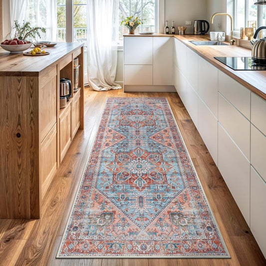 Bloom Rugs Washable Non-Slip 10 ft Runner - Coral/Sky Blue Traditional Medallion Runner for Entryway, Hallway, Bathroom, and Kitchen - Exact Size: 2.5' x 10'