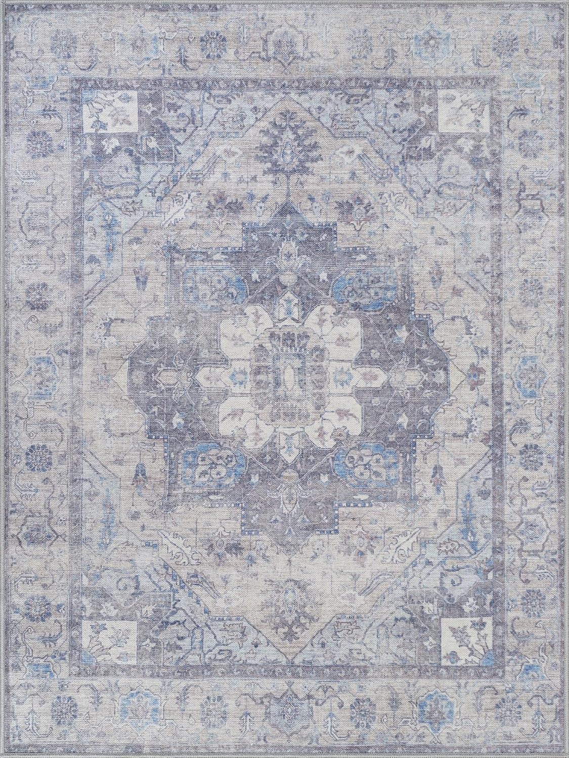 Bloom Rugs Washable Non-Slip 9' x 12' Rug - Blue/Sand Traditional Medallion Area Rug for Living Room, Bedroom, Dining Room, and Kitchen - Exact Size: 9' x 12'