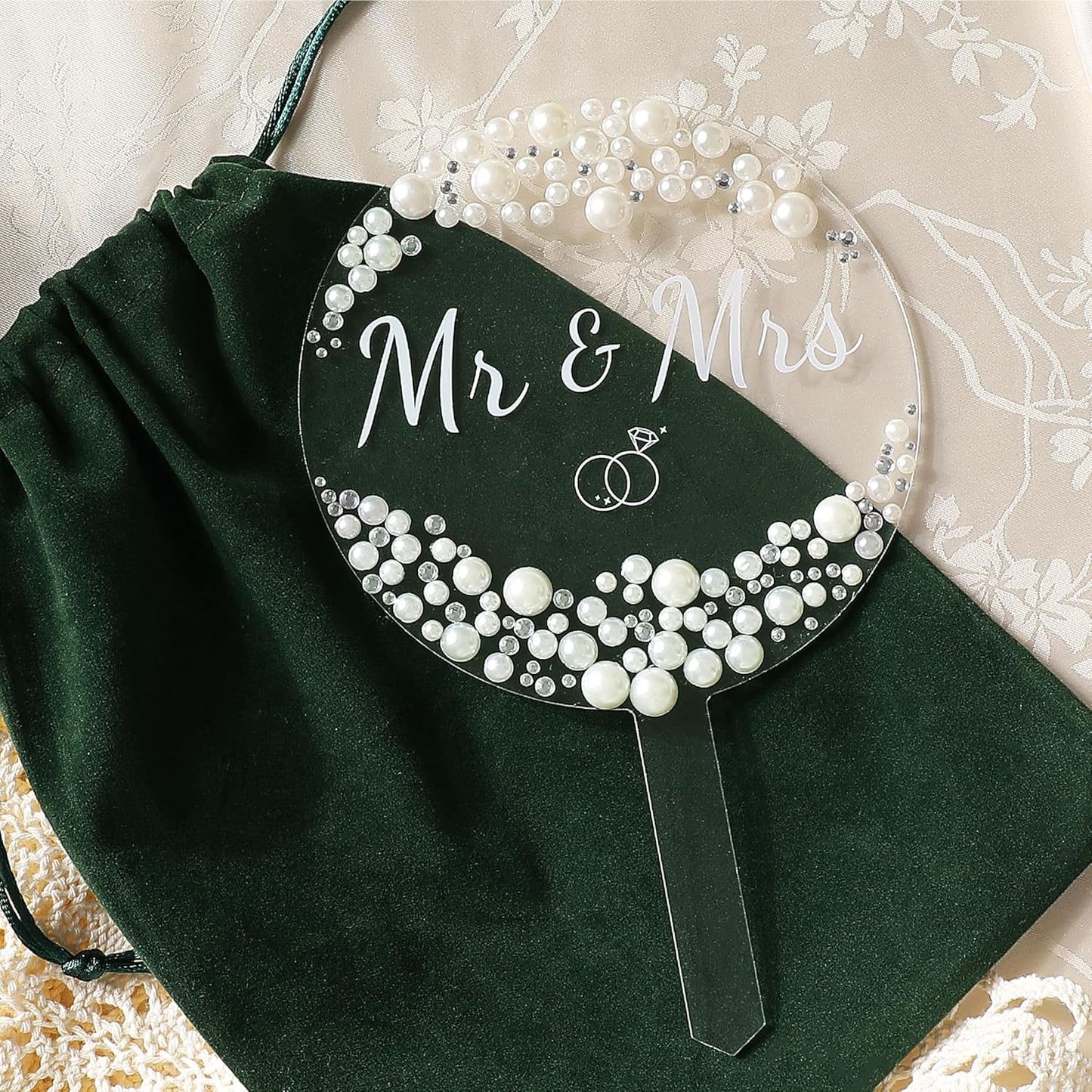 Coucoland Mr and Mrs Cake Topper - Acrylic Wedding Cake Decor with Pearls and Rhinestones for Engagement Bridal Anniversary