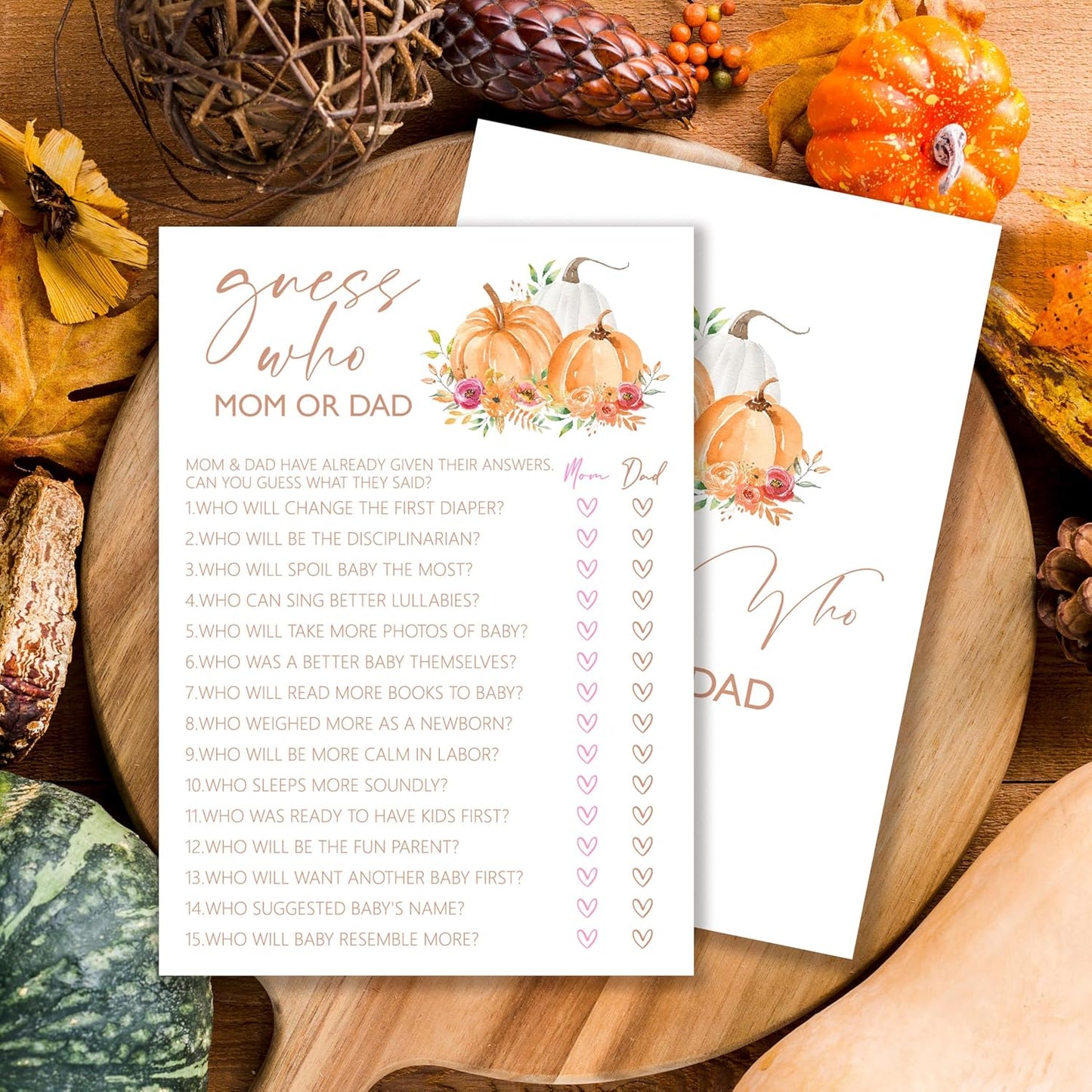 Baby Shower Games, Thanksgiving Guess Who Mom or Dad Game Cards, 25 Sets Baby Gender Reveal Party Decorations Supplies Favors - E01