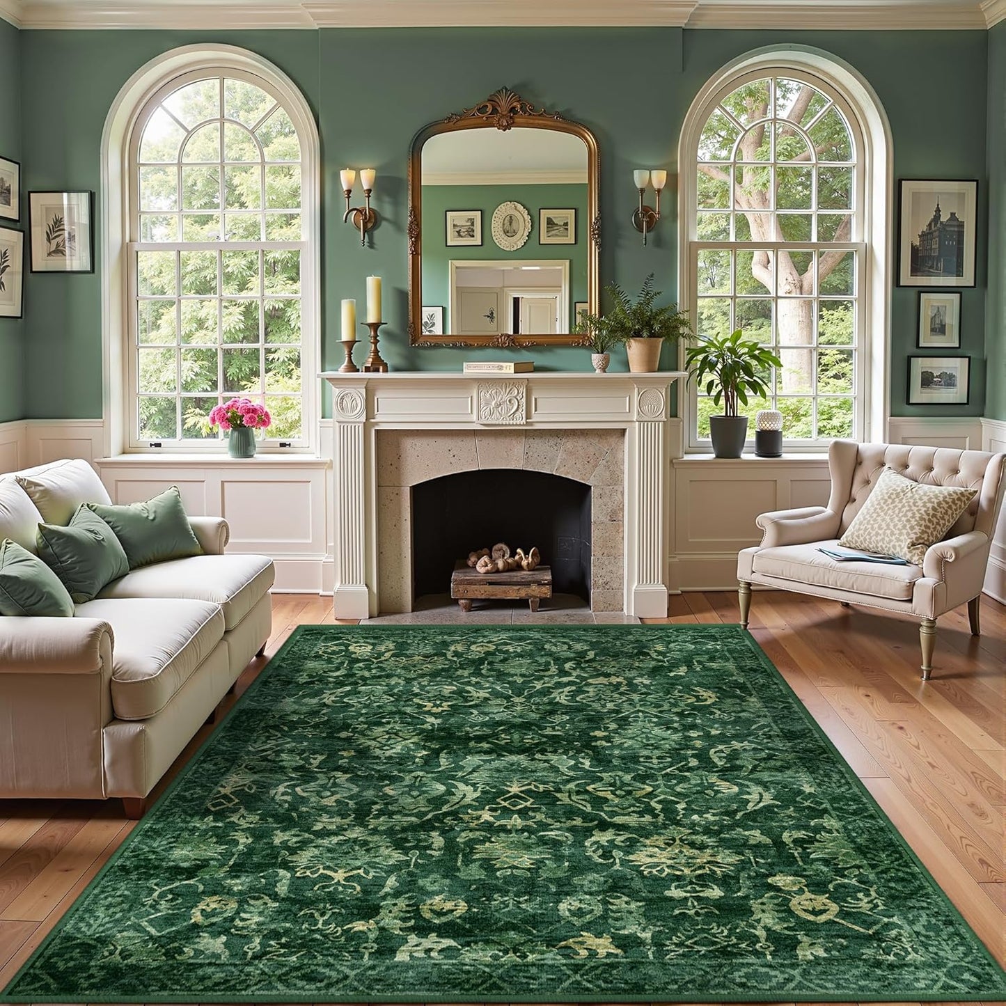Dark Green Area Rugs 7x9 for Bedroom Nursery, Machine Washable Vintage Rugs, Distressed Living Room Non Slip Rugs for Living Room Carpet Green Area Rug for Dining