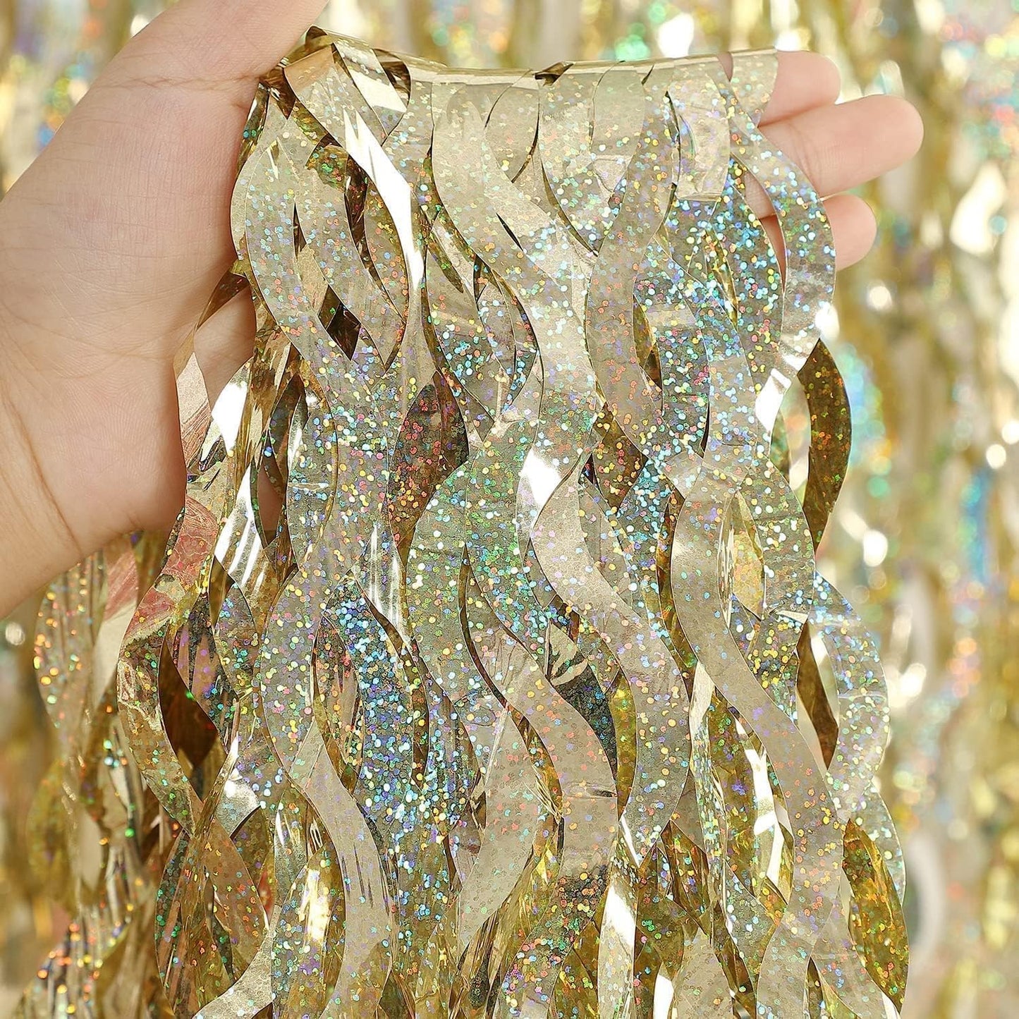 4 Pack Champagne Gold Fringe Curtain Backdrop - CYLMFC 3.3 ft x 6.6 ft Shimmer Wavy Foil Curtain for Birthday Party, Yellow Fringe Backdrop Streamers Party Decorations