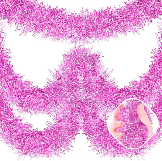 50 Feet Macaron Pink Christmas Tinsel Garland, Metallic Foil Twist Garland Wall Hanging Tinsel Banner Backdrop for Parade Floats, Easter, Mother's Day, Wedding Party Decorations (2in x 50ft)