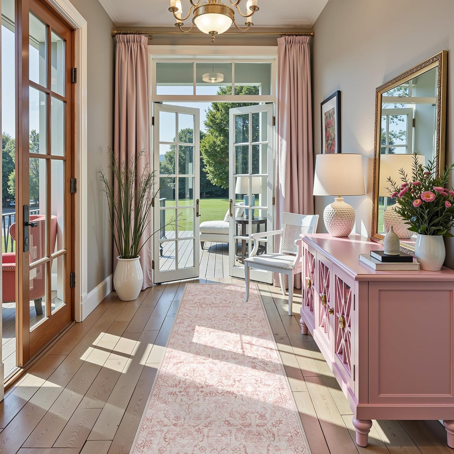 Pink 3x10 Runner Rug for Hallways Bed Side Kitchen, Boho Washable Distressed Low-Pile Floor Entryway Long Bathroom Mat, Non-Slip Laundry Room Washstand Front Carpet Green 36x84 Inch