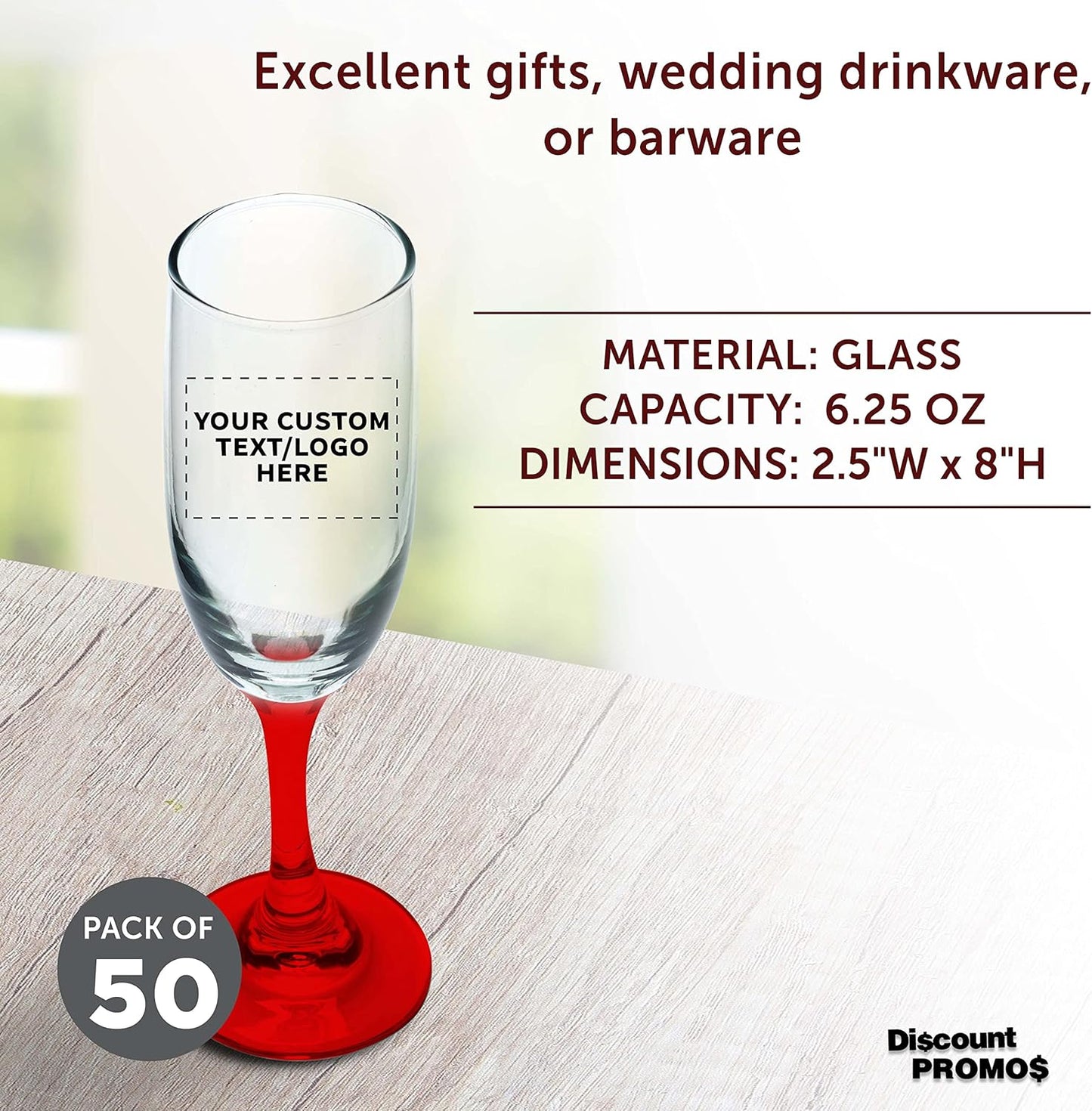 DISCOUNT PROMOS Custom Premiere Champagne Flutes 6.25 oz. Set of 50, Personalized Bulk Pack - Elegant Drinkware for Weddings, Events, & Promotional Gifts - Red