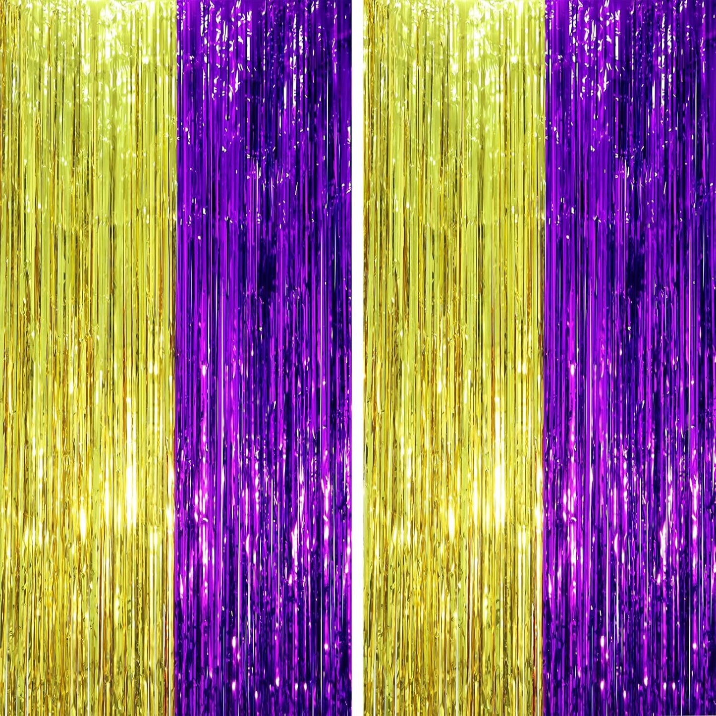 2 Pack Purple and Gold Foil Fringe Backdrop Curtains, Tinsel Streamers Party Decorations, Fringe Backdrop, Door Shimmer for Graduation or Birthday Party