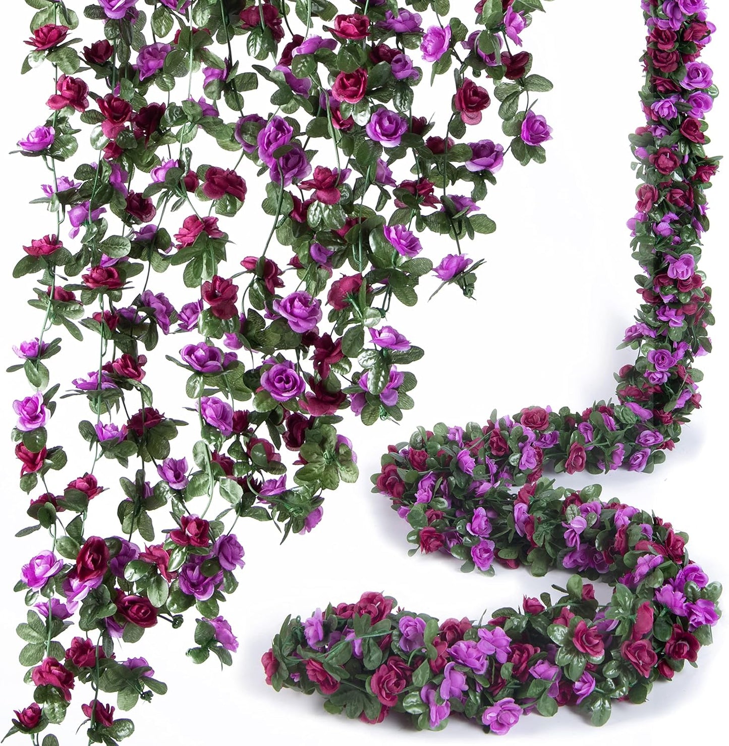 8 Pcs x 8.2 ft Flower Garland Artificial Rose Vine Flowers with Green Leaves Hanging Fake Roses Vine for Room Party Home Wedding Birthday Christmas Wall Arch Decor, Spring Purple Flower