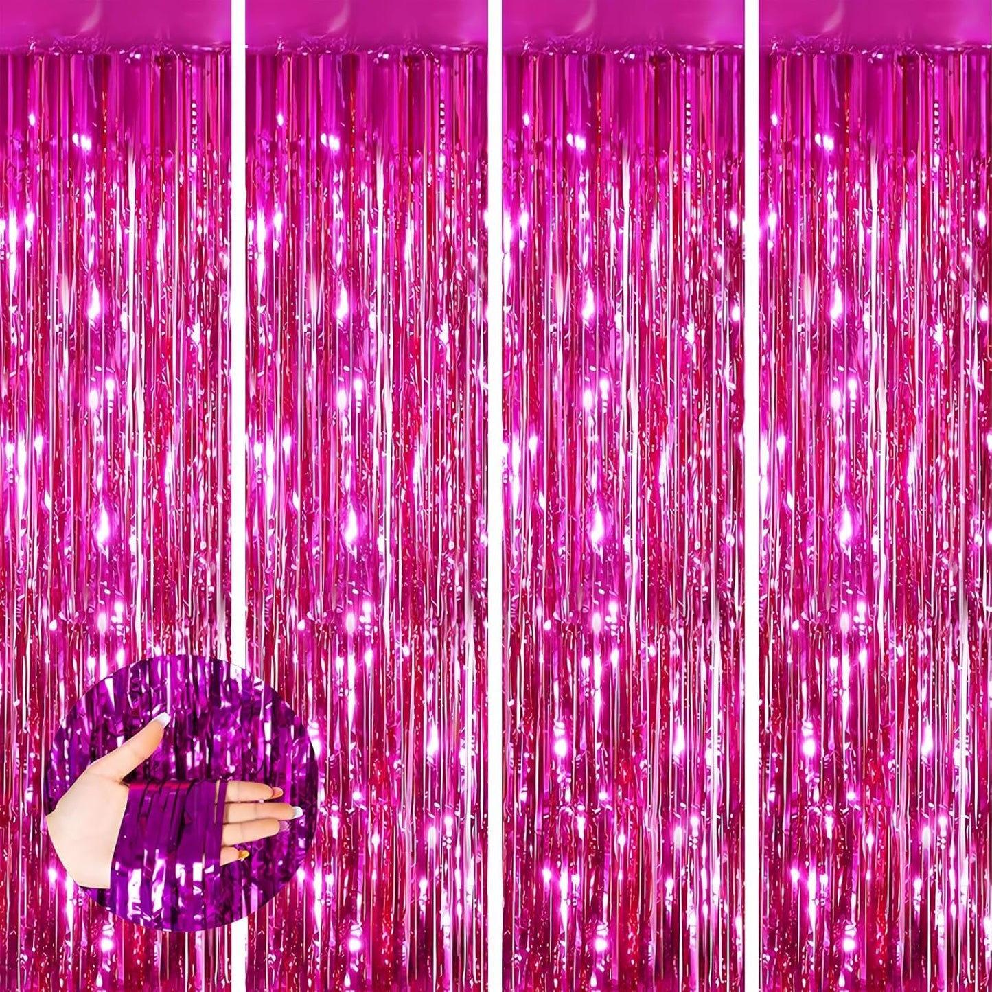 Keyali 4 Pack 3.3 * 8.3 ft Foil Curtain Metallic Tinsel Fringe Curtains Photo Booth Props Backdrop for Birthday Wedding Engagement Baby Shower Christmas Holiday Celebration Partyl,Hot Pink