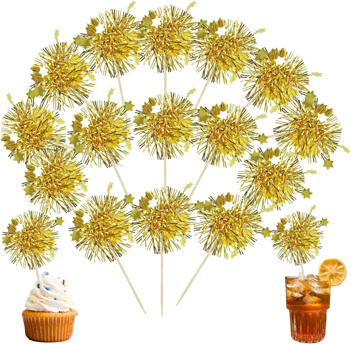 Ephlyn 30Pcs Foil Firework Cupcake Toppers Happy Birthday Cake Toppers Tinsel Flower Drink Stirrers Cocktail Food Fruit Toothpicks for Valentine's Day Party Decorations Gold