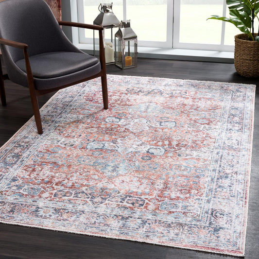 Bloom Rugs Caria Washable Non-Slip 9x12 Rug - Brick/Dark Blue Traditional Area Rug for Living Room, Bedroom, Dining Room, and Kitchen - Exact Size: 9' x 12'