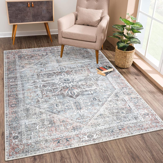 Bloom Rugs Washable Non-Slip 8' x 10' Rug - Light Pink/Light Blue Traditional Medallion Area Rug for Living Room, Bedroom, Dining Room, and Kitchen - Exact Size: 8' x 10'
