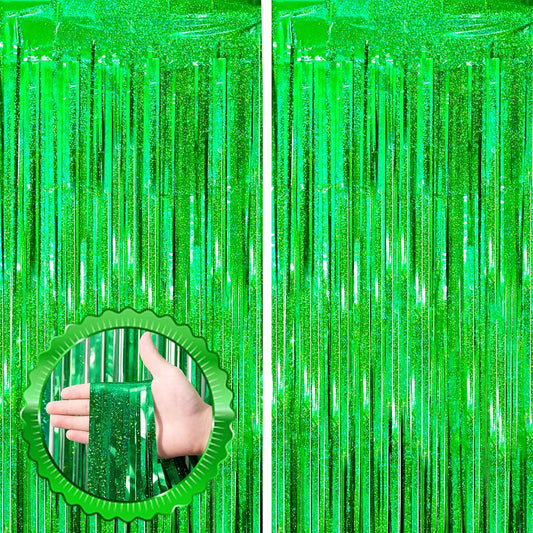 2 Pack Laser Green Tinsel Foil Fringe Curtains, Green Party Decorations, Metallic Tinsel Party Streamers Backdrop for Birthday Baby Shower St Patrick's Day Christmas Party Decorations
