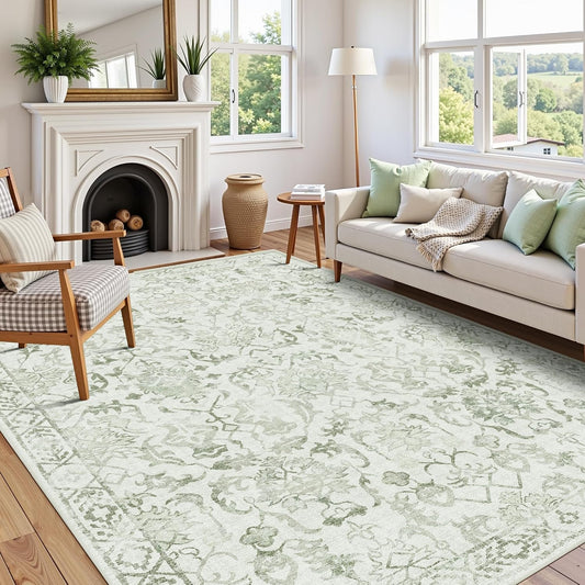 Sage Vintage Area Rug 5x7 for Living Room Bedroom, Washable Distressed Farmhouse Soft Thin Non-Shedding Indoor Throw Rug, Traditional Accent Carpet for Bedroom Office