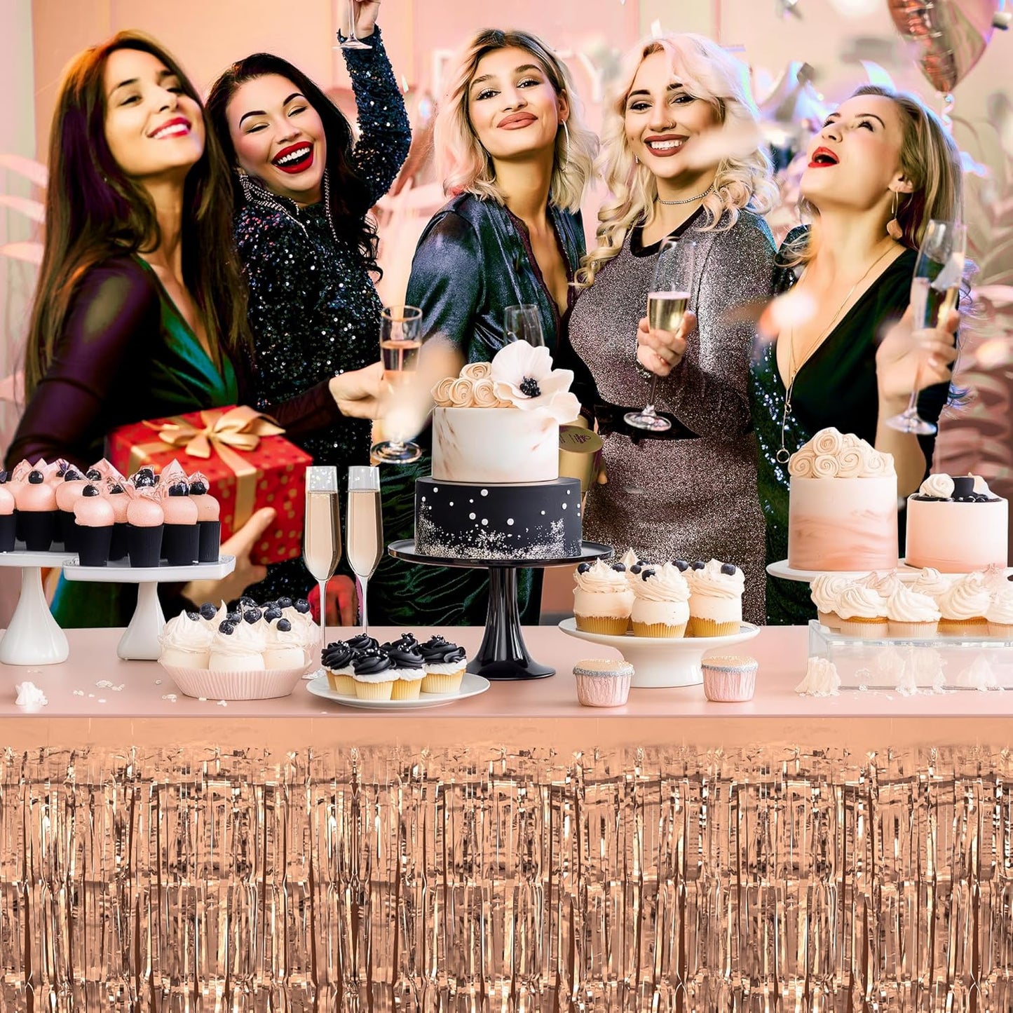 2 Pack Rose Gold Table Skirts, 29x108" Metallic Foil Tinsel Fringe Table Skirts for Rectangle Tables Streamer Curtains Backdrop, Party Decorations for Birthdays Weddings Holidays