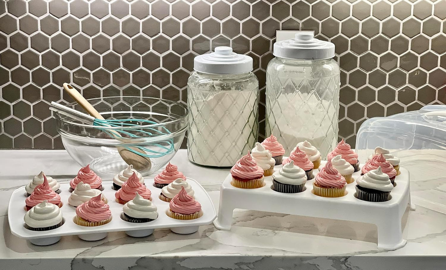 Cupcake Carrier, EXTRA LARGE LID, White Cupcake Holder Carries 24 Standard-Size Cupcakes, Muffin Traveler Two Tier Stand Reusable Cupcake Box