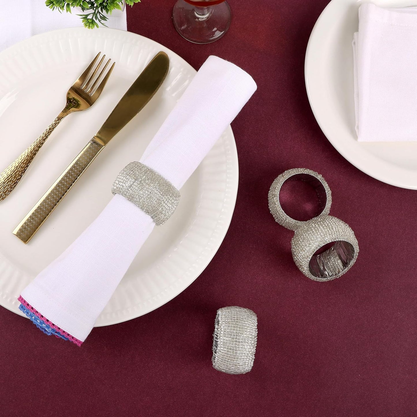 12 Pcs Beaded Napkin Rings - Rhinestone Napkin Buckles Glossy Napkin Bling Round Holders for Easter Holiday Wedding Banquet Home Party Dining Table Decoration (Silver) - CLEENTABLE