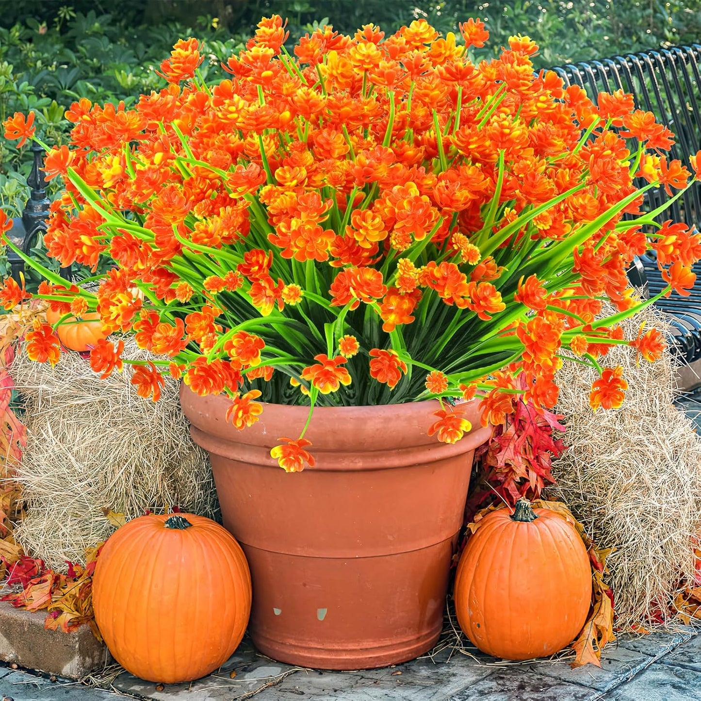 AmyHomie 20 Bundles Artificial Fall Flowers for Outdoor UV Resistant Faux Flowers No Fade Fake Plastic Plants Wildflowers Spring Flowers Garden Porch Window Box Decorating Fall Decor (Orange)
