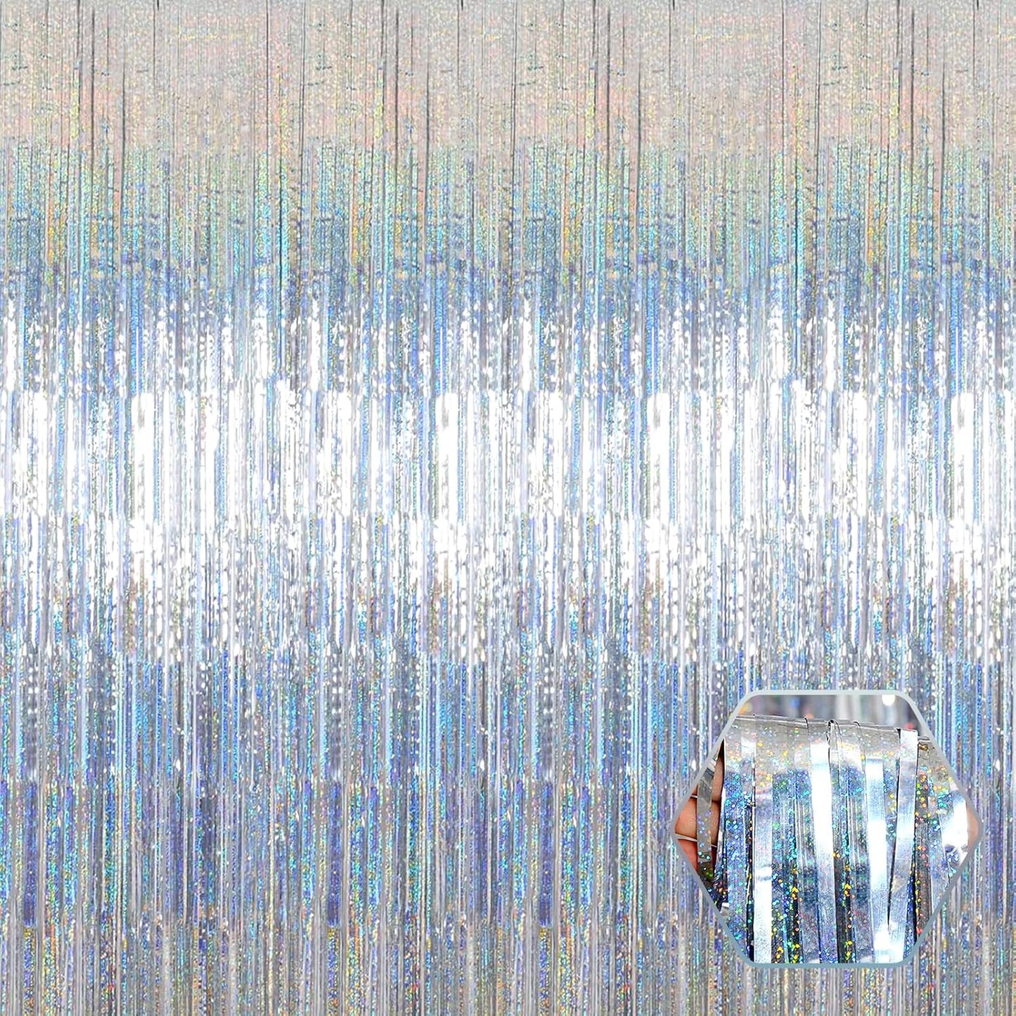 3 Pack Silver Foil Fringe Curtain Backdrop, 3.28Ft x 8.2Ft Metallic Tinsel Foil Fringe Streamer Curtains for Photo Booth, Mother's Day, Easter, Birthday, Wedding Party Decorations