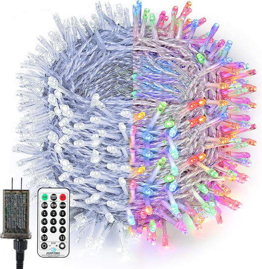 BrizLabs Cool White & Multicolor Christmas Lights, 180ft 500 LED Color Changing String, 11 Modes Tree Lights With Remote, Dimmable Xmas Clear Wire for Indoor Outdoor Christmas