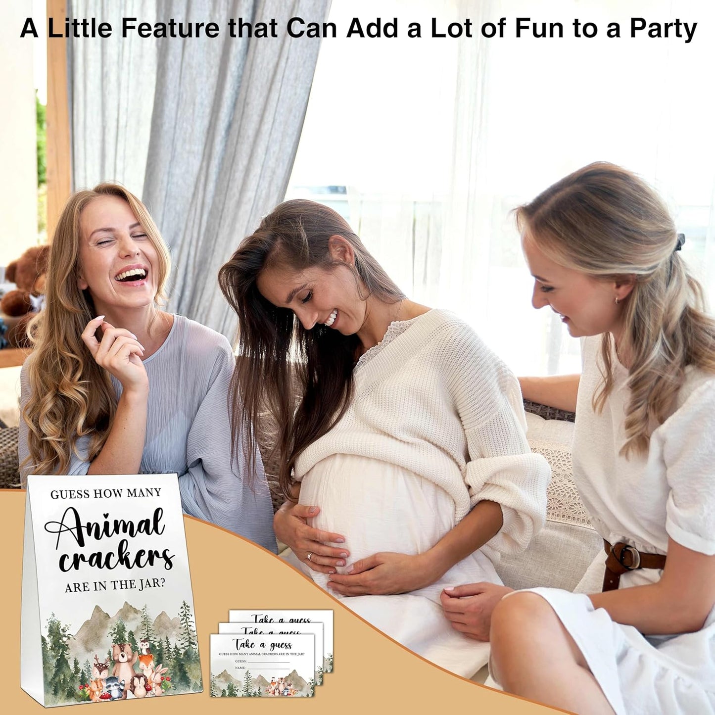 Woodland Baby Shower Game, Guess How Many Animal Crackers, Jungle Animal Safari 1 Standing Sign with 50 Cards for Gender Neutral Baby Shower - A01