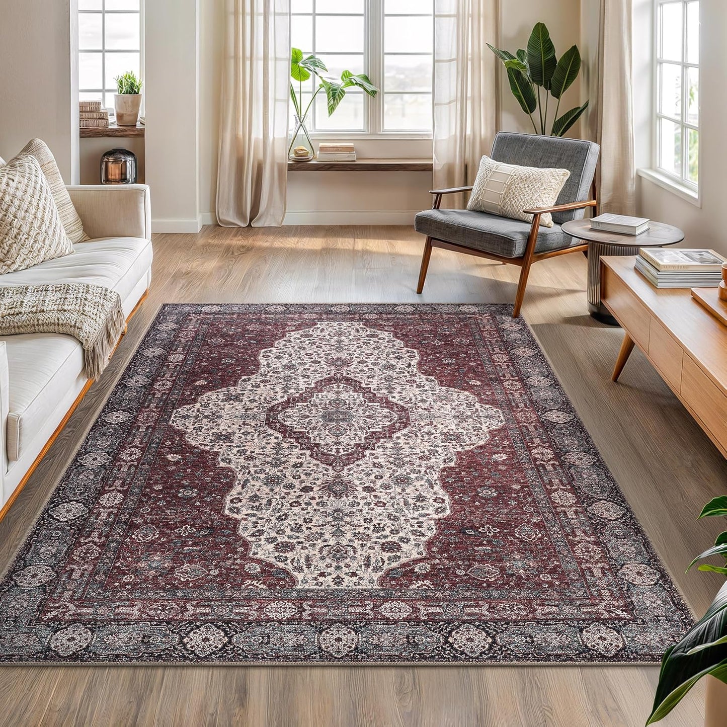 Bloom Rugs Washable Non-Slip 5' x 7' Rug - Red/Green/Cream Traditional Medallion Area Rug for Living Room, Bedroom, Dining Room, and Kitchen - Exact Size: 5' x 7'