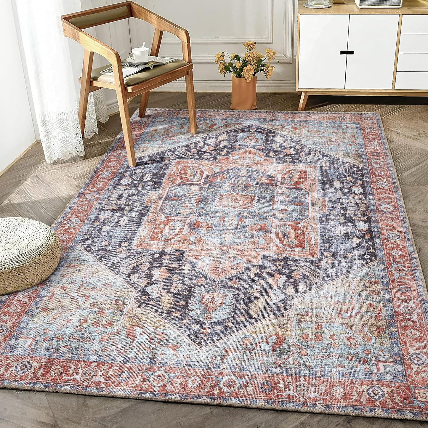 Bloom Rugs Washable Non-Slip 4' x 6' Rug - Terracotta/Blue Traditional Medallion Area Rug for Living Room, Bedroom, Dining Room, and Kitchen - Exact Size: 4' x 6'