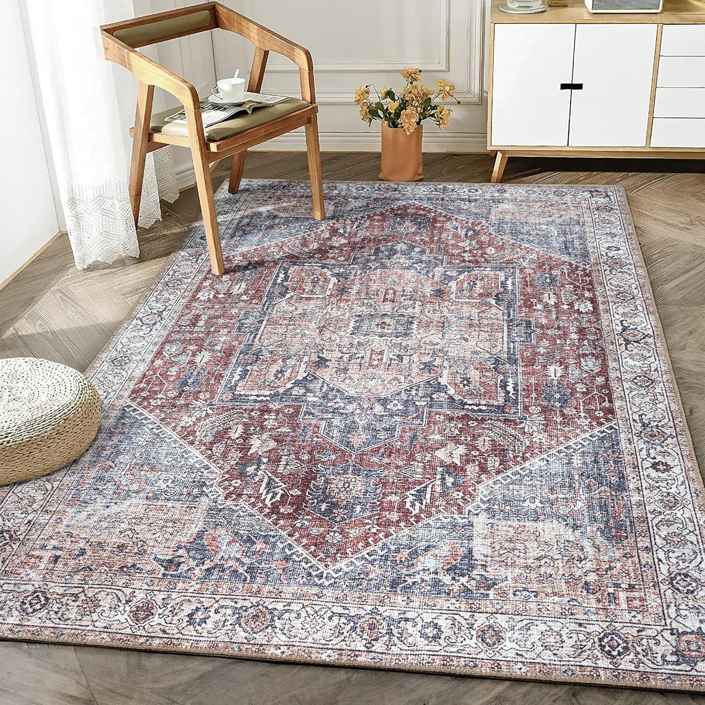Bloom Rugs Washable Non-Slip 6' x 9' Rug - Red/Blue Traditional Medallion Area Rug for Living Room, Bedroom, Dining Room, and Kitchen - Exact Size: 6' x 9'