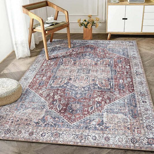 Bloom Rugs Washable Non-Slip 5' x 7' Rug - Red/Blue Traditional Medallion Area Rug for Living Room, Bedroom, Dining Room, and Kitchen - Exact Size: 5' x 7'