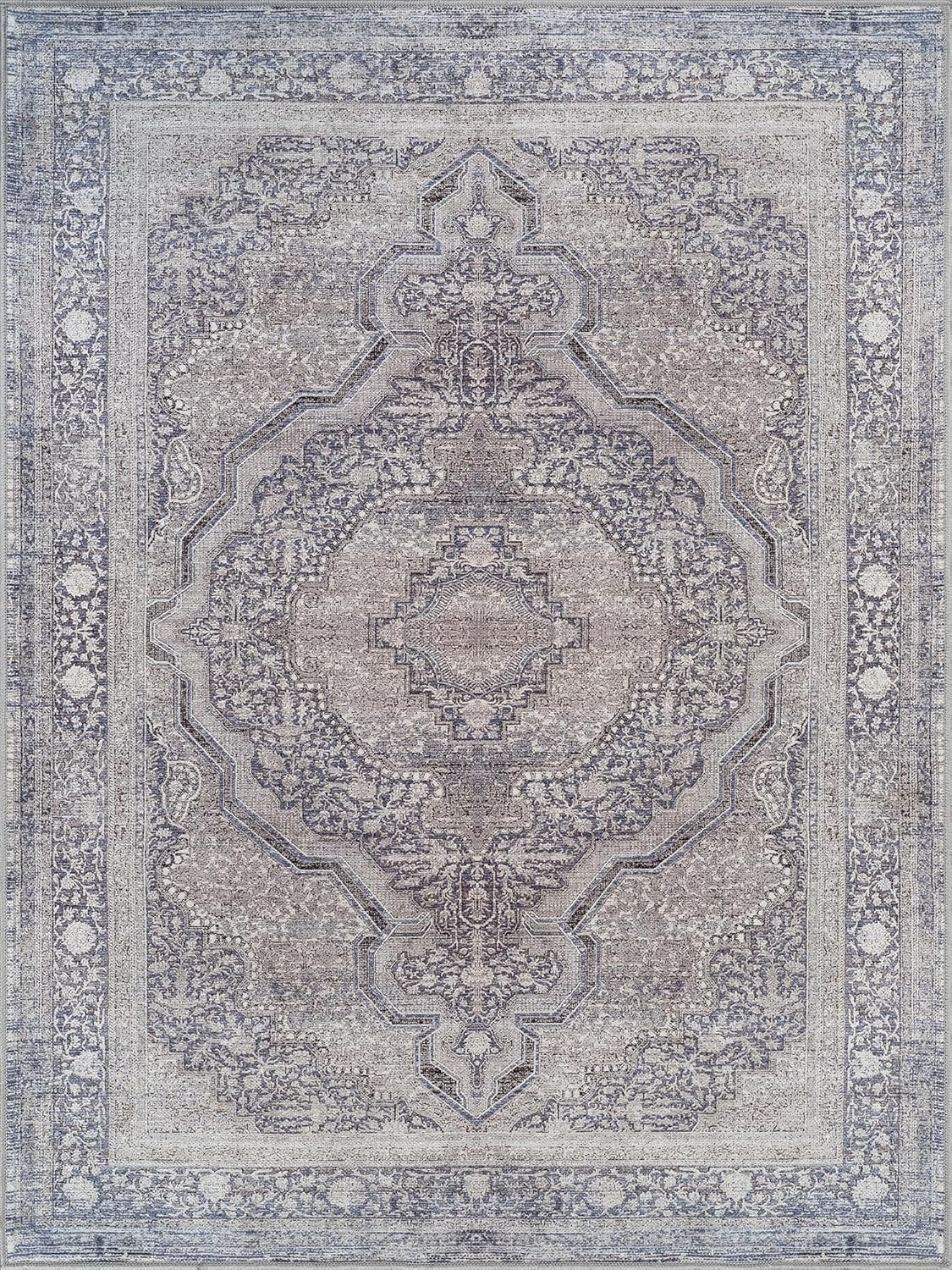 Bloom Rugs Washable Non-Slip 4' x 6' Rug - Blue/Steel Gray/Beige Traditional Medallion Area Rug for Living Room, Bedroom, Dining Room, and Kitchen - Exact Size: 4' x 6'