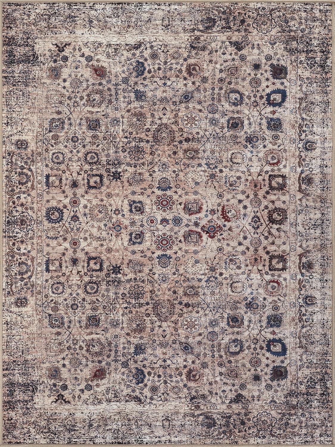 Bloom Rugs Washable Non-Slip 5' x 7' Rug - Light Tan/Blue Traditional Oriental Area Rug for Living Room, Bedroom, Dining Room, and Kitchen - Exact Size: 5' x 7'