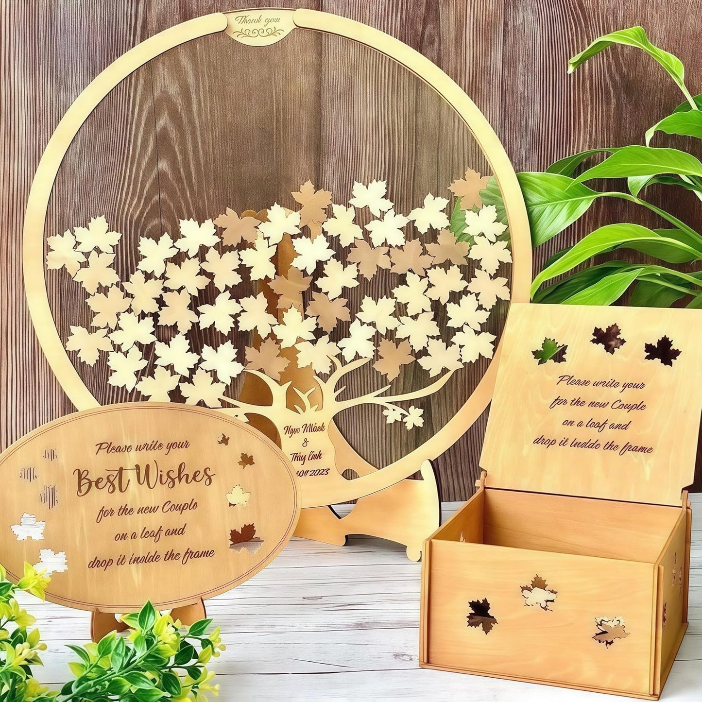 Personalized Wedding Guest Book Alternative - Wooden Leaf Guest Book Wedding, Personalized Wedding Reception, Custom Wooden GuestBook, Stereoscopic Tree Guest Book