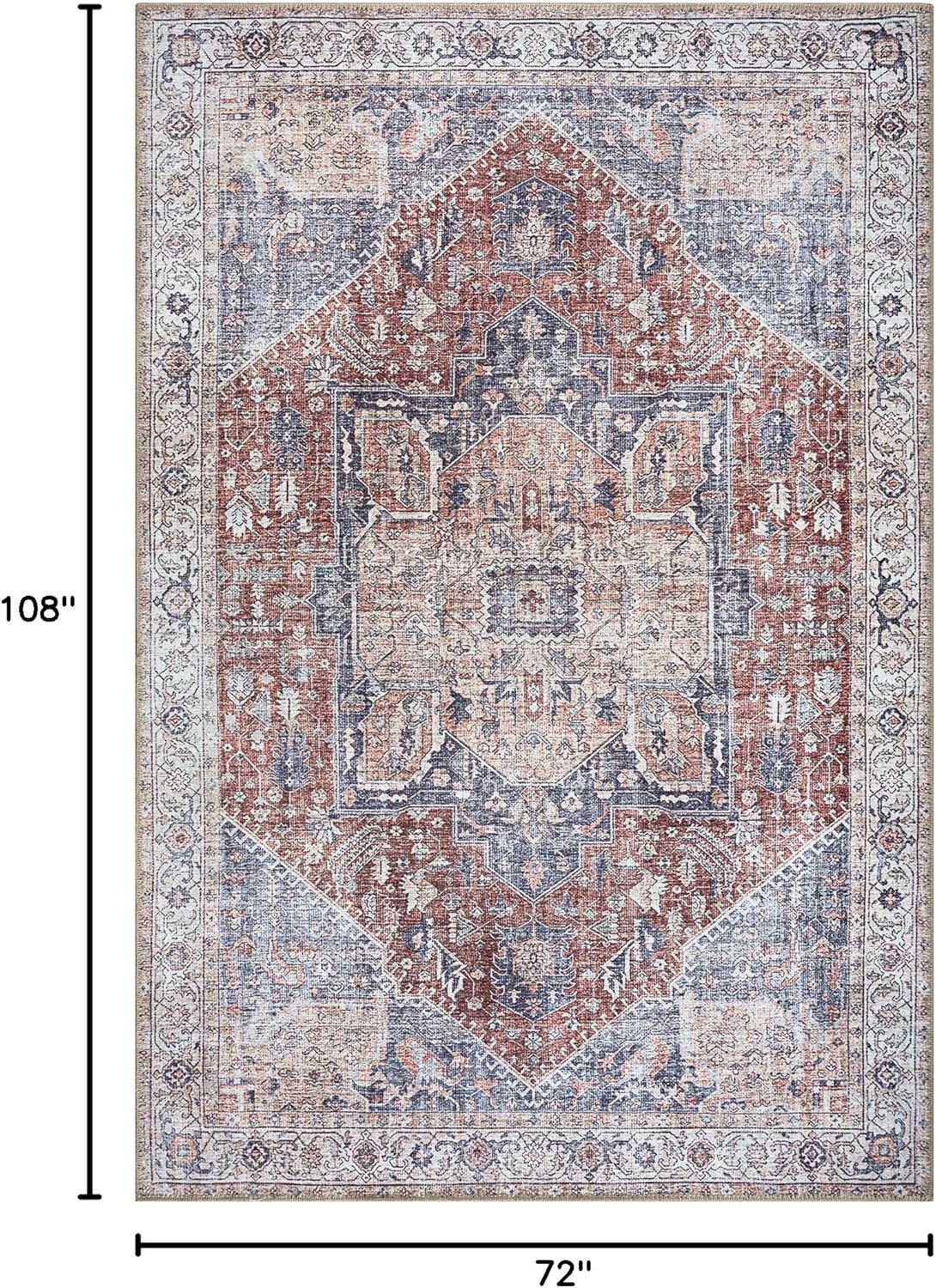 Bloom Rugs Washable Non-Slip 6' x 9' Rug - Red/Blue Traditional Medallion Area Rug for Living Room, Bedroom, Dining Room, and Kitchen - Exact Size: 6' x 9'