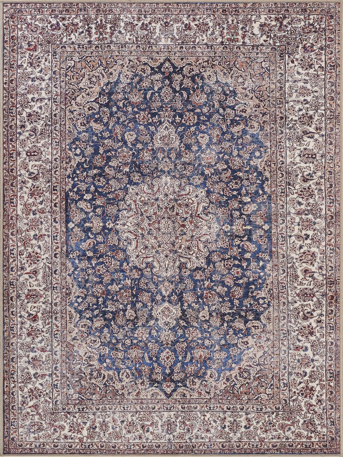 Bloom Rugs Washable Non-Slip 5' x 7' Rug - Dark Blue/Beige Traditional Medallion Area Rug for Living Room, Bedroom, Dining Room, and Kitchen - Exact Size: 5' x 7'