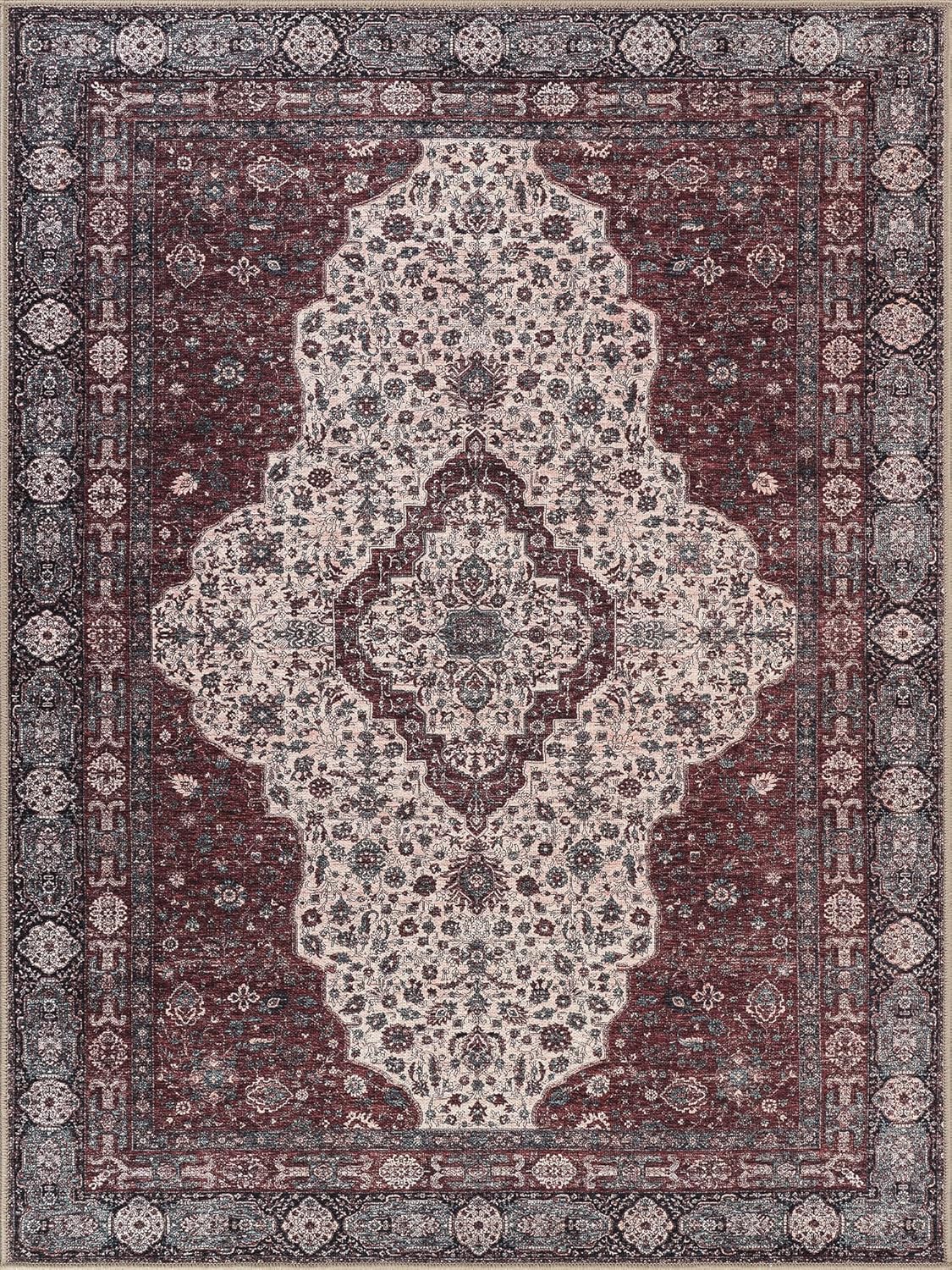 Bloom Rugs Washable Non-Slip 8' x 10' Rug - Red/Green/Cream Traditional Medallion Area Rug for Living Room, Bedroom, Dining Room, and Kitchen - Exact Size: 8' x 10'