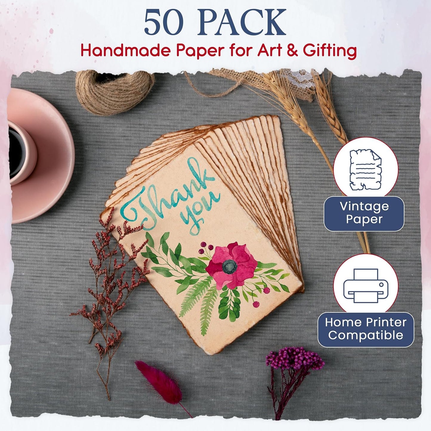 Wanderings Handmade Antique Deckle Edge Blank Cards - 4"x6" Package of 50 - Mixed Media Cards for Announcements Invitations Crafts - Thick Deckled Edge Paper 150 GSM Recycled Paper